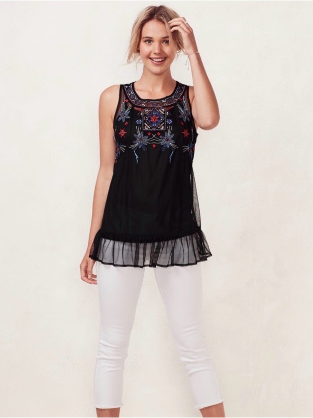 Lauren Conrad bohemian sheer tank top black M